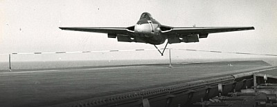 Vampire landing on carrier with no undercarriage